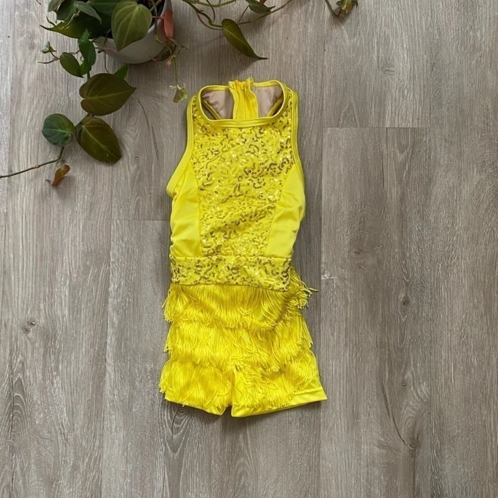 WEISSMAN Dance Costume yellow Fringe flapper GOOD TO BE ALIVE 11109 LC child